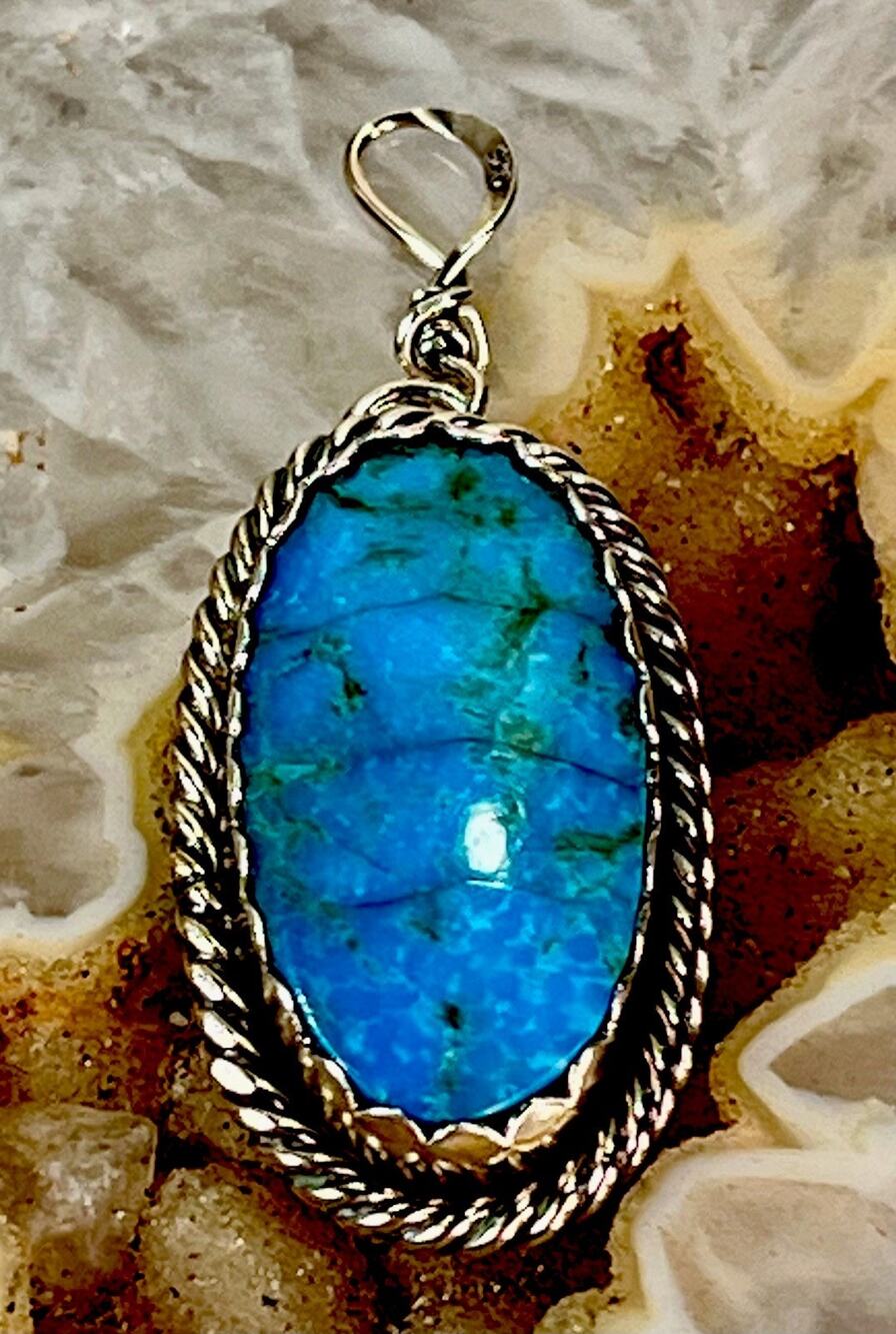 Vtg Signed Navajo Sterling Silver Turquoise Rope Bezel Pendant Handmade F Chavez